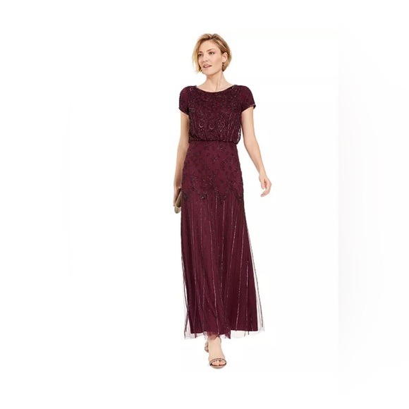 Adrianna Papell Beaded Burgundy Short-Sleeve Gown – Size 10 Petite - Picture 1 of 6